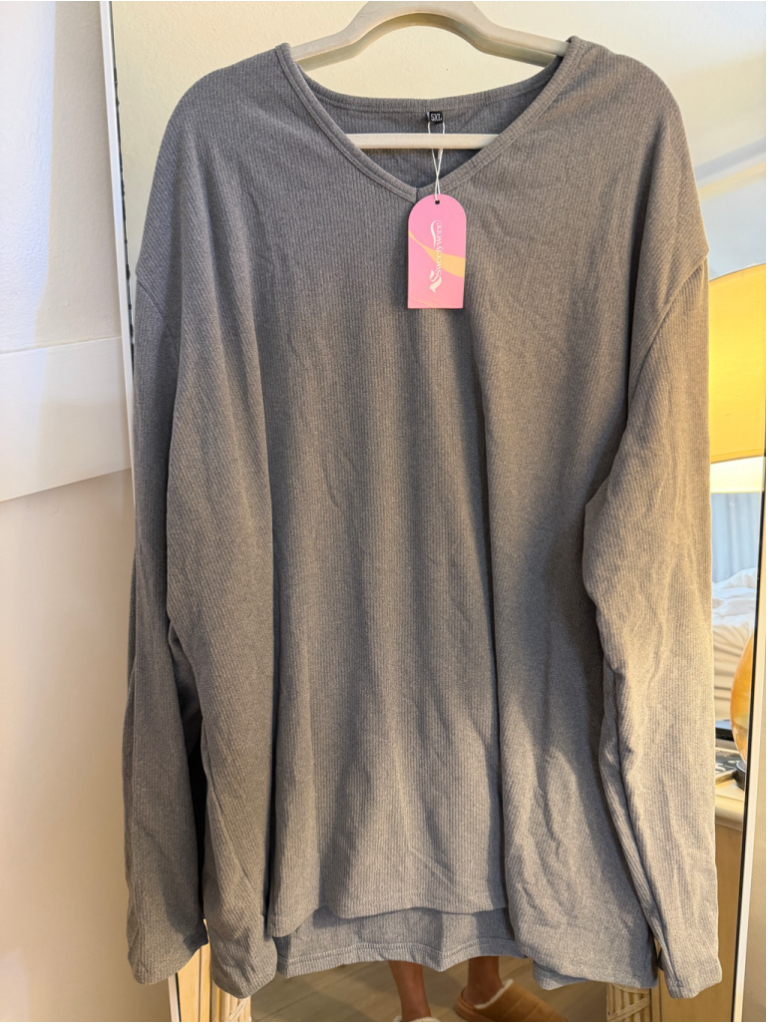 New Super Soft Gray Ribbed V-Neck Long Sleeve Tee 5x